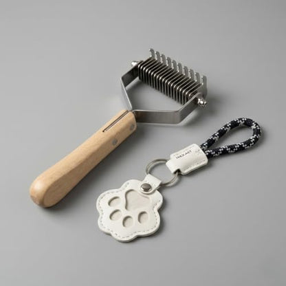 2-in-1 Dog Undercoat Rake and Dematting Tool - Durable Stainless Steel Deshedding Brush with Ergonomic Wooden Handle - Grooming Rake for Long Haired Cats & Dogs with Hair Keepsake Keychain(M) - size: m