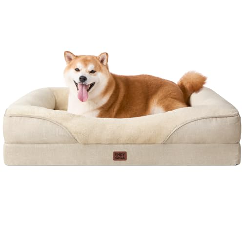 EHEYCIGA Orthopedic Dog Bed for Large Sized Dog, 36x27 Inch Large Memory Foam Dog Couch Bed with Sides, Waterproof Liner & Washable Removable Cover, Bolster Pet Sofa, Beige - color: Beige, size: 36x27x7