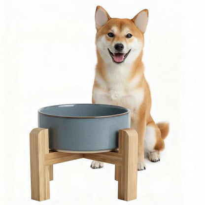hjn Elevated Ceramic Dog Bowl with Bamboo Stand, Raised Pet Feeding Station for Small Medium Dogs Cats, Modern Design with Anti-Slip Base (Gray Blue, 3.6Cup) - color: Gray Blue, size: 3.6Cup