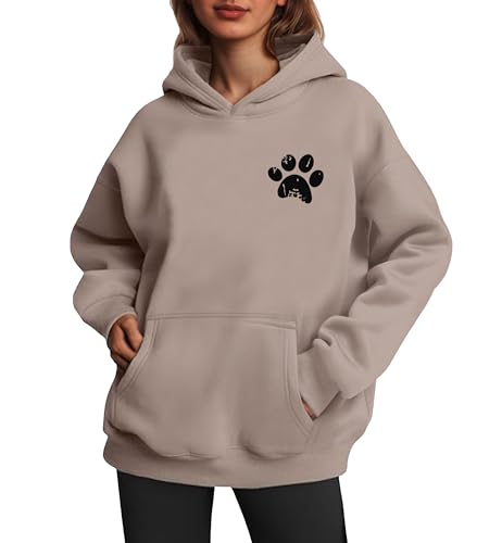 Womens Dog Paw Hoodie-Long Sleeve Pullover Fleece Lined Dog Mom Sweatshirts with Pocket - color: B-grey Brown, size: XX-Large