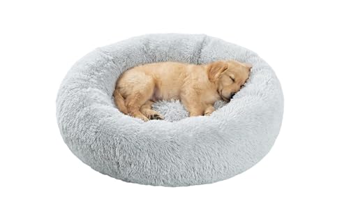 SAVFOX 23 inches Calming Donut Dog Bed - 3X Durable Plush Faux Fur, Machine Washable & Non-Slip, Fits up to 25 lbs, Light Grey - color: Light Grey, size: Small | 23"x23"