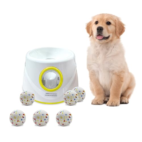 Automatic Ball Launcher for Dogs ，The Upgraded Ball Thrower Adjustable Distance 20-45ft Including 6 PCS 2.3-inch Sized ETPU Balls, Interactive Dog Toys Suitable for Small to Medium Sized Dogs - color: Yellow