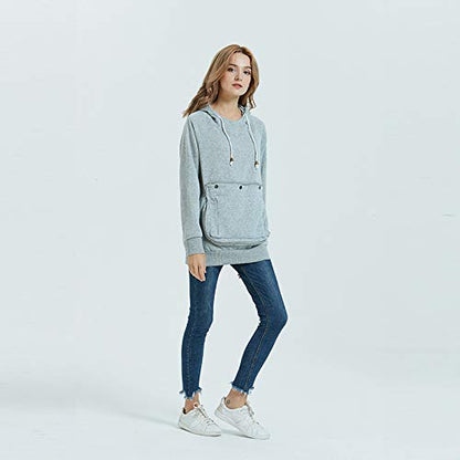 Pet Pouch Hoodie Long Sleeve Fleece Kitten Puppy Holder Carrier Sweatshirt for Women - color: Light Grey, size: Large