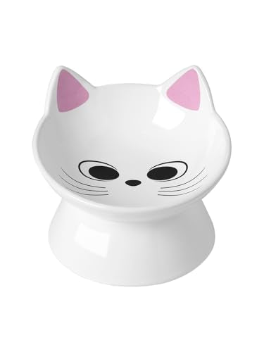 ABRUTY Cat Food Bowl, 5 OZ Ceramic Elevated Kitten Water Bowl, 15° Tilted Raised Pet Feeder, Anti Vomiting and Whisker Friendly Dishes for Fat Faced, Cat, Kitten, Small Dog - color: Pink Cat, size: 1 Pack