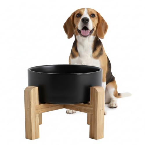 Elevated/Raised Ceramic Dog Bowl with Bamboo Stand,8 inch 7.6 Cups Non-Slip Heavy-Weighted Single Pet Dish, Reduces Neck Strain Black - color: Black, size: 7.6Cups - Large