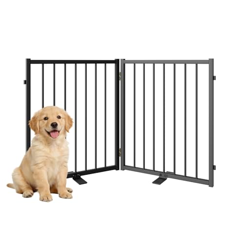 SNUOWU Full Metal Freestanding Dog Gate with Door, 24'' Height Foldable Pet Dog Fence for Indoor & Outdoor, 2 Panels Extra Wide Free Standing SmallDog Gates for Doorways,House,Stairs,Porch,Deck,Yard - color: Black, size: 【2 Panels】40"W*24H"
