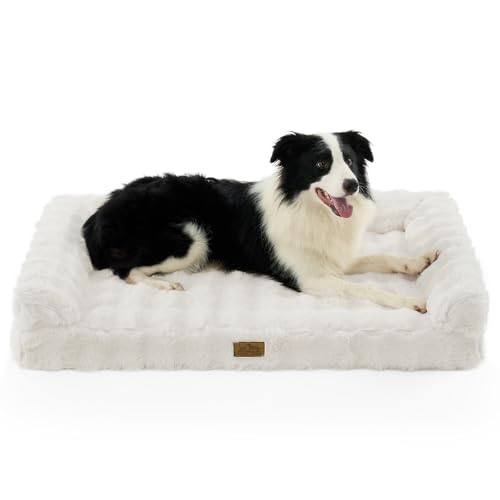 COZY KISS Faux Rabbit Fur Orthopedic Dog Bed, Large Dog Bed, Supportive Foam Pet Sofa with Waterproof Lining Cover, Washable U-Shaped Pet Couch with Anti-Slip Bottom Design, Beige XL 42x30x7 inch - color: Beige, size: XL (42x30x7 inch)