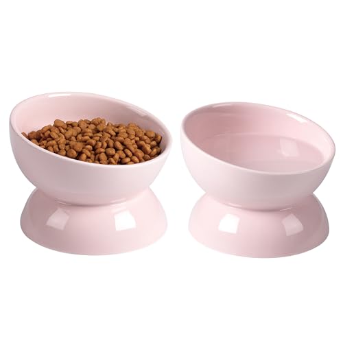 ABRUTY Cat Water Bowl, 16 OZ Ceramic Elevated Cat Bowls, 15° Tilted and Raised Pet Food Dish, Anti Vomiting Protect Pets' Spines and Whisker Fatigue - color: Pink, size: 2 Pack