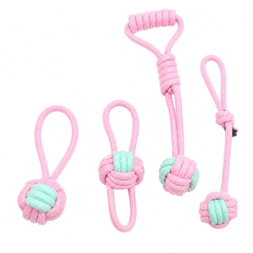 Durable Cotton Rope Dog Toys 7 Piece Set, Tough Chew Knot Balls for Teeth Cleaning, Interactive Tug and Fetch Toys for Small Medium Large Dogs, Indoor Outdoor Play - color: Blue and pink 4-piece ball set