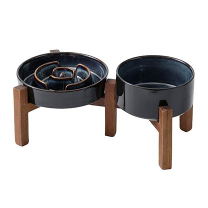 Havniva 1.2 Cup Elevated Slow Feeder Dog Bowls, 7.3” Dog Slow Feeding Bowls + 6.1” Ceramic Dog Water Bowls Set with Acacia Wood Stand, Dog Food Bowls Puzzle Feeder for Small Dogs Non-Slip Anti-choking - color: 2 x Starry Sky + Stand - A, size: M- 7.3inch