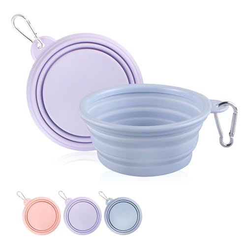 Collapsible Dog Bowls 2-Pack, Portable Travel Dog Bowl with Carabiner, Food-Grade Silicone Pet Bowl for Hiking, Walking (22 OZ Macaron Blue and Violet) - color: 22 OZ Macaron Blue and Violet