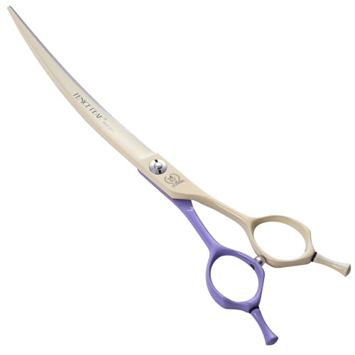 Curved Dog Grooming Scissors with Coating 440C Stainless Steel, 7 inch Professional Curved Shears Dog Grooming，25 Degree of Curved Blade，Pet Shear for Trimming Face and Paw, Violet & White - color: Violet&white