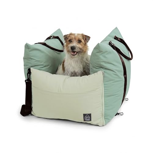 4 Cats & Dogs Marco Travel Pet Bed – Dog Car Seat for Small & Medium Dogs, Waterproof, Faux Fur Cushion, Safety Belt, Washable Cover, Storage Pockets, Booster Seat (Sage, Single Seater 18.5" x 21") - color: Sage, size: Single Seater