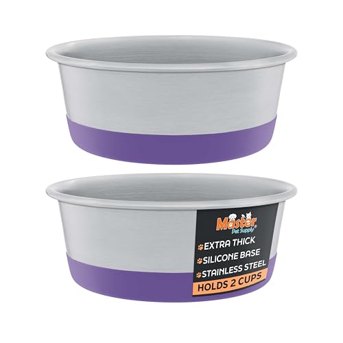 Master Pet Supply Stainless Steel Dog Bowls Set of 2 with Extra Thick Silicone Base - 2 Cup (16 oz) Plum Crazy, Non-Slip, Dishwasher Safe Metal Bowls, Pet Dog Food Bowl for Dogs, Cats, Anti Rust - color: Plum Crazy, size: 2 Cups (16 oz) 2 Pack