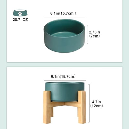 SPUNKYJUNKY Ceramic Elevated Dog Bowls 2 Pack - 6.1inch Raised Dog Bowls with Non-Slip Wooden Stand for Medium Dogs Dishwasher Safe(Green,28.7OZ*2) - color: Green, size: Medium - 3.6 CUPS*2