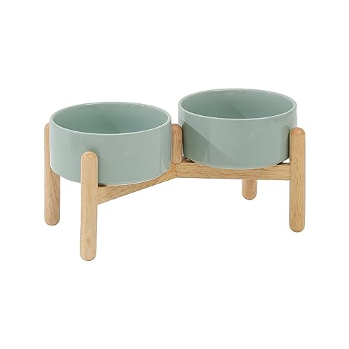 Havniva 6.1inch Ceramic Raised Dog Bowl with Stand, Double Dog Bowls Elevated for Small and Medium Breed Dog Food and Water Bowl Set Non-Slip Dog Dish Large Capacity Feeding Pet Water Bowl - color: 2 Bowls+Stand - Light Green, size: 6.1inch