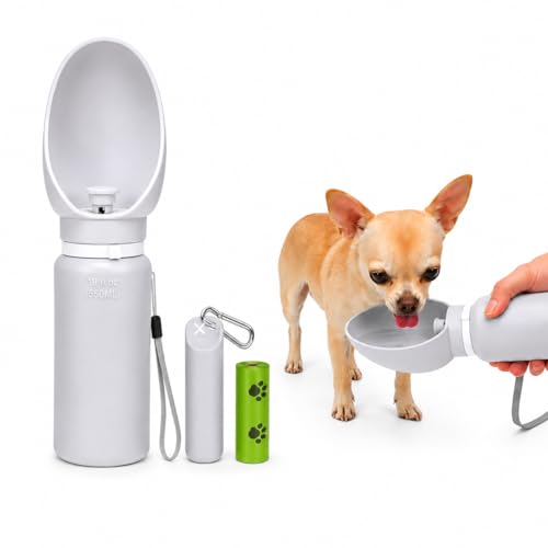Portable Dog Water Bottle 19oz (550ml) – Leakproof BPA-Free Water Dispenser with One-Hand Lock Button, Built-in Poop Bag Holder & Drinking Bowl – Travel Bottle for Small, Medium & Large Dogs