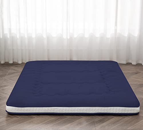 Dr.Futon Japanese Floor Futon Mattress Extra Thick Folding Roll Up Bed Topper Mat for Guest,Lounger and Tavel - color: Navyblue, size: Queen