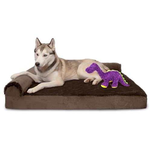 FurHaven Orthopedic Dog Bed & goDog Toy - Squeaky Plush Dino with Chew Guard for Large Dogs - Plush & Velvet L Shaped Chaise - Sable Brown, Jumbo/XL - color: Dino Toy + Sable Brown, size: Jumbo