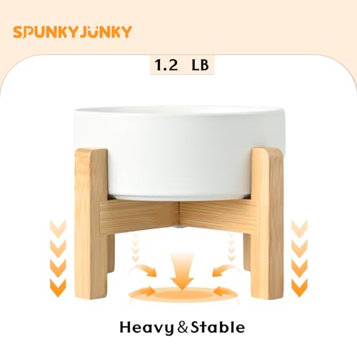 SPUNKYJUNKY Ceramic Elevated Dog Bowls 2 Pack - 5.1inch Raised Dog Bowls with Non-Slip Wooden Stand for Small Dogs Dishwasher Safe(White,13.5OZ*2) - color: White, size: Small - 1.7 CUPS*2