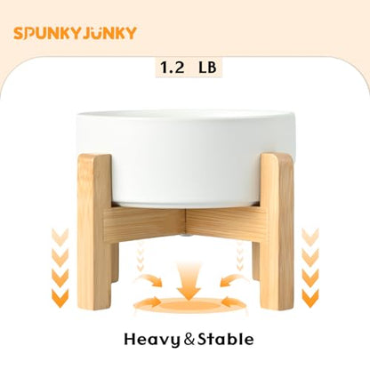 SPUNKYJUNKY Ceramic Elevated Dog Bowls 2 Pack - 5.1inch Raised Dog Bowls with Non-Slip Wooden Stand for Small Dogs Dishwasher Safe(White,13.5OZ*2) - color: White, size: Small - 1.7 CUPS*2