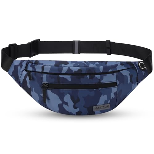 MAXTOP Large Crossbody Fanny Pack with 4-Zipper Pockets,Gifts for Enjoy Sports Festival Workout Traveling Running Casual Hands-Free Wallets Waist Pack Phone Bag Carrying All Phones - color: Camo Gray Blue, size: Large, style: Large Fanny Pack(4 Zipper Poc