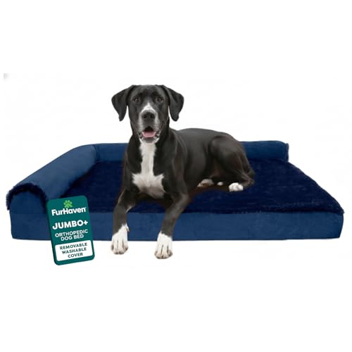 Furhaven Orthopedic Dog Bed for Large Dogs w/ Removable Bolsters & Washable Cover, For Dogs Up to 125 lbs - Plush & Velvet L Shaped Chaise - Deep Sapphire, Jumbo Plus/XXL - color: Deep Sapphire, size: Jumbo Plus