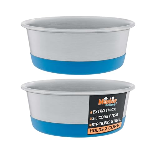 Master Pet Supply Stainless Steel Dog Bowls Set of 2 with Extra Thick Silicone Base - 2 Cup (16 oz) True Blue, Non-Slip, Dishwasher Safe Metal Bowls, Pet Dog Food Bowl for Dogs, Cats, Anti Rust - color: True Blue, size: 2 Cups (16 oz) 2 Pack