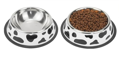 Stainless Steel Dog Bowls, Food and Water Non Slip Anti Skid Stackable Pet Puppy Dishes for Small, Medium and Large Dogs (2 Pack) - color: Milk Cow, size: ¾ Cup/7 oz