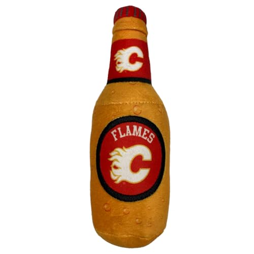 Pets First NHL Calgary Flames Beer Bottle Plush Dog & Cat Toy- Cutest Stadium SODA Bottle Snack Plush Toy for Dogs & Cats with Inner Squeaker & Beautiful Hockey Team/Logo - color: Calgary Flames, style: NHL Beer Bottle Toy