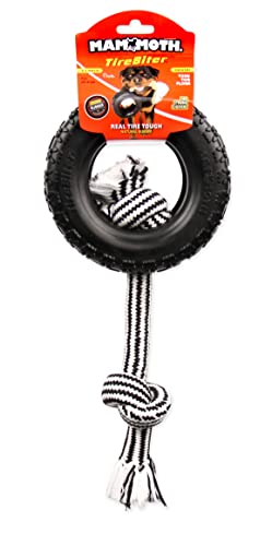 Mammoth Pet Products TireBiterII with Cotton-Poly Rope-Natural Rubber Dog Toys for Extreme Chewers-Dog Toys for Extra Long Interactive Play-Aggressive Chewer Toys for Large-X-Large 7" Black (35018F) - size: X-Large 7", style: Tire with Cotton-Poly Rope