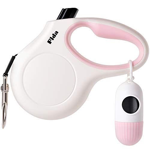 Fida Retractable Dog Leash for Small Breed up to 26 lbs, 16 ft Pet Walking Leash with Dispenser and Poop Bags, Anti-Slip Handle, Reflective Strong Nylon Tape, One-Handed Brake (S, White & Pink) - color: White, size: Small, 16ft