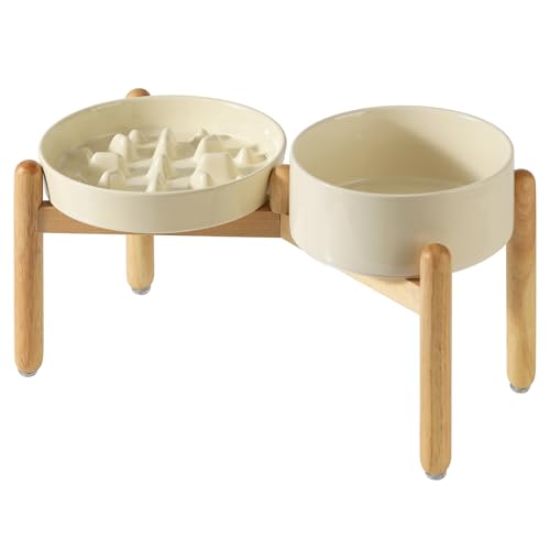 Havniva 9.5” Raised Slow Feeder Dog Bowls Set, 3.2 Cups Ceramic Slow Feeder Dog Bowl and 8.2” Dog Water Bowl with Elevated Wooden Stand Puzzle Dog Food Bowl for Large Dogs Anti-Gulping & Anti-Choking - color: 2 x Light Yellow+Stand-C, size: 9.5inch