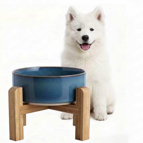hjn Elevated Ceramic Dog Bowl with Bamboo Stand, Raised Pet Feeding Station for Small Medium Dogs Cats, Modern Design with Anti-Slip Base (Deep Blue, 3.6Cup) - color: Deep Blue, size: 3.6Cup