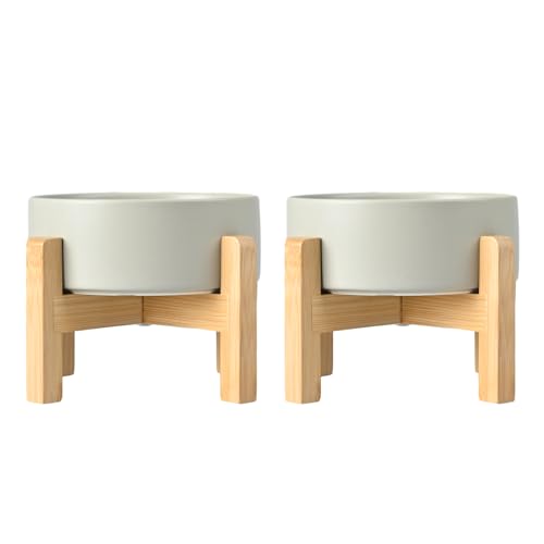 SPUNKYJUNKY Ceramic Elevated Dog Bowls 2 Pack - 8.3inch Raised Dog Bowls with Non-Slip Wooden Stand for Large Dogs Dishwasher Safe(Grey,60OZ*2) - color: Grey, size: Large - 7.6 CUPS*2