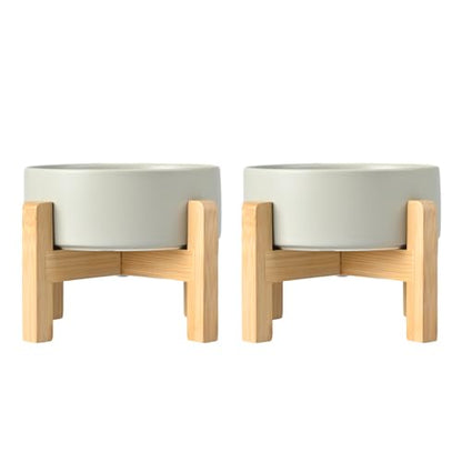 SPUNKYJUNKY Ceramic Elevated Dog Bowls 2 Pack - 8.3inch Raised Dog Bowls with Non-Slip Wooden Stand for Large Dogs Dishwasher Safe(Grey,60OZ*2) - color: Grey, size: Large - 7.6 CUPS*2