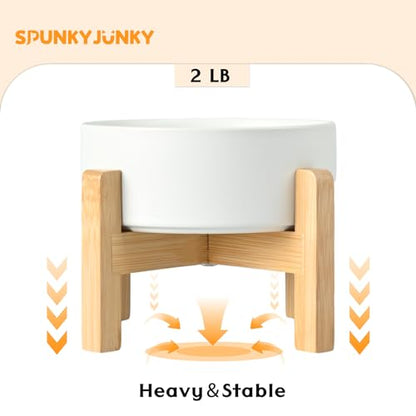 SPUNKYJUNKY Ceramic Elevated Dog Bowls 2 Pack - 6.1inch Raised Dog Bowls with Non-Slip Wooden Stand for Medium Dogs Dishwasher Safe(White,28.7OZ*2) - color: White, size: Medium - 3.6 CUPS*2