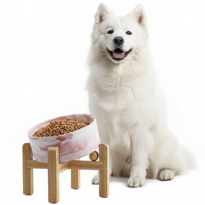 hjn Elevated Ceramic Dog Bowl 15°Slanted Raised Dog Bowl with Bamboo Stand for Small Medium Dogs and Cats, Pet Feeder -7.6-Cup (1800ml)-Marble Pink - color: Marble Pink, size: 7.6Cup