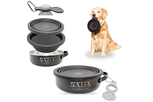 Black Collapsible Travel Dog & Cat Bowl – BPA-Free Silicone & 18/8 Stainless Steel, Portable Non-Slip Food & Water Bowl with Handle, Bottle/Poop Bag Holder – Claim Your - color: Black Bowl