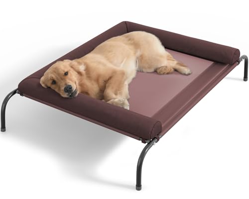Cooling Elevated Dog Bed - Outdoor Medium Raised Dog Cot W/Breathable Mesh, Portable Pet Cot W/Removable & Waterproof Bolster,Elevated Dogs Beds - color: Brown, size: 36.0"L x 26.0"W x 8.0"Th