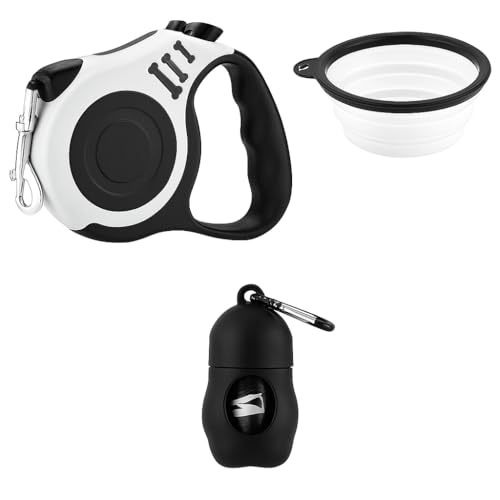 4-in-1 Retractable Dog Leash Set Includes Waste Bag Dispenser, Refill Bags & Collapsible Water Bowl Heavy Duty Nylon Leash with One-Hand Lock, Anti-Slip Grip for Small to Medium Pets (White and Black) - color: White and Black