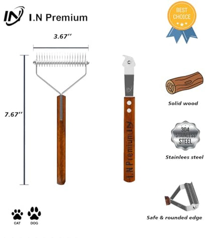 Undercoat Rake for Dogs & Cats, Dog Brush for Shedding Remove Mats, Dematting Comb, Safe&Gentle Grooming Brush for German Shepherds Medium to Long-Haired Pets,Premium Wooden Handle (L- Dematting Comb) - size: L- Dematting Comb