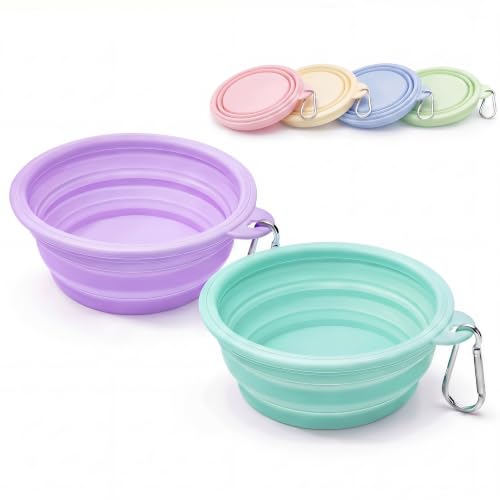 Collapsible Dog Bowls 2-Pack, Portable Travel Dog Bowl with Carabiner, Food-Grade BPA-Free Silicone Pet Food & Water Bowl for Dogs & Cats, Hiking Walking Camping (Purple and Mint Green) - color: Purple and mint green