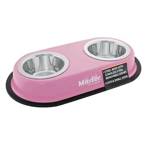 Master Pet Supply Double Dog Bowls Set with Elevated Base and 2 (8 oz) Stainless Steel Removable Dishes (Hyper Pink) – Double Cat Food Water Bowl, Dog Puppy Food Bowl Set, Rust Resistant - color: Hyper Pink