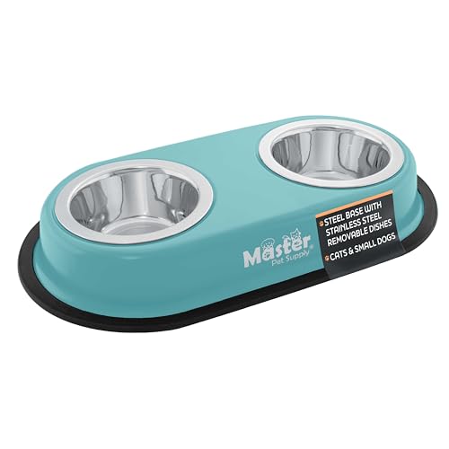 Master Pet Supply Double Dog Bowls Set with Elevated Base and 2 (8 oz) Stainless Steel Removable Dishes (Aqua Sky) – Double Cat Food Water Bowl, Dog Puppy Food Bowl Set, Rust Resistant - color: Aqua Sky