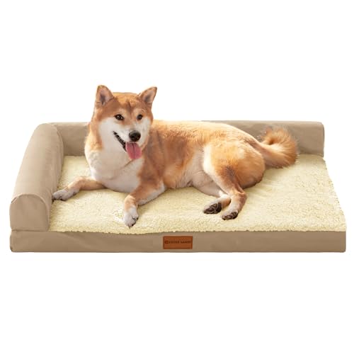Patas Lague Orthopedic Dog Bed Large Sized Dog 36''X24'', Waterproof L Bolster Medium Pet Sofa Beds with Removable Washable Cover, Soft Pet Couch Crate Mat with Nonskid Bottom, Beige - color: Beige, size: 36"L x 24"W x 3.5"Th