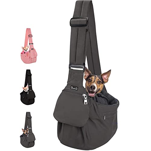 Lukovee Dog Sling Carrier, Hard Bottom Support & Adjustable Soft Padded Shoudler Strap Dog Slings for Small Dogs, Dog Purse with Drawstring Mesh Opening & Zipper Pockets for Puppy Cat Pet (Grey) - color: Grey