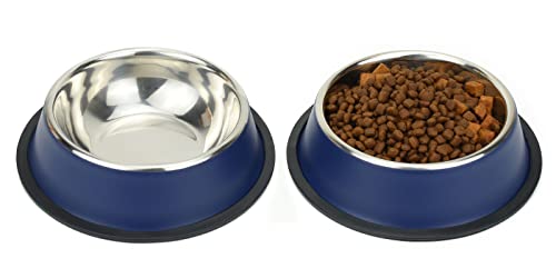 Stainless Steel Dog Bowls, Food and Water Non Slip Anti Skid Stackable Pet Puppy Dishes for Small, Medium and Large Dogs (2 Pack) - color: Navy, size: 1.5 Cup/12 oz