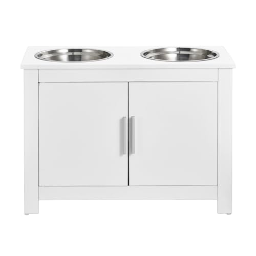 VEVOR Elevated Pet Bowls with Storage Cabinet, Feeding Station with 2 Raised Bowls, Wooden Stand with Handles & Magnetic Doors, Pet Feeder & Toy Organizer, White - size: 23.62x11.81x17.32 inch