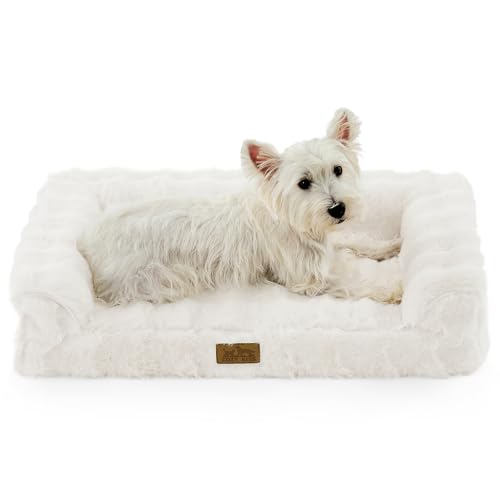 COZY KISS Faux Rabbit Fur Orthopedic Dog Bed, Dog Bed for Medium Size, Supportive Foam Pet Sofa with Waterproof Lining Cover, Washable U-Shaped Pet Couch with Anti-Slip Bottom, Beige M 30x20x6.5 inch - color: Beige, size: M (30x20x6.5 inch)